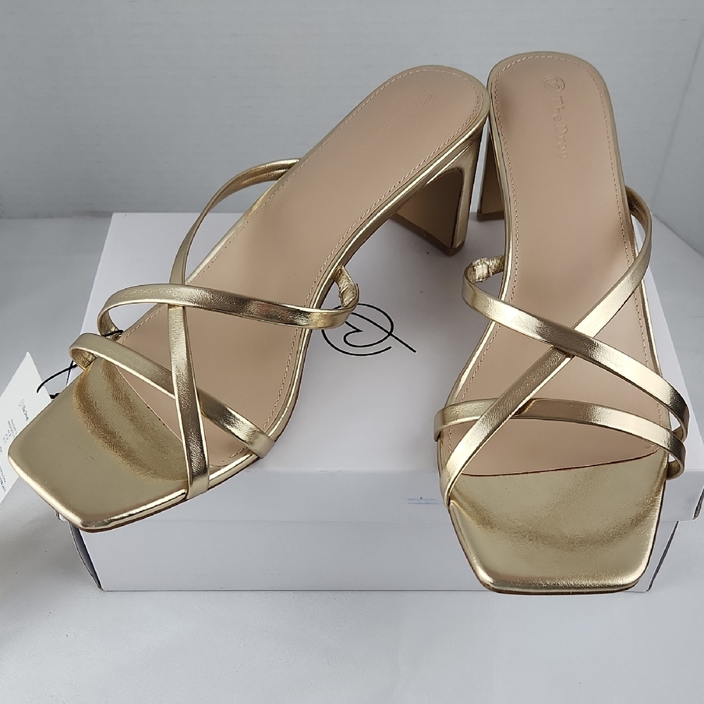 The Drop Amelie Gold Strappy Rectangular Heel And Square Toe Size 12